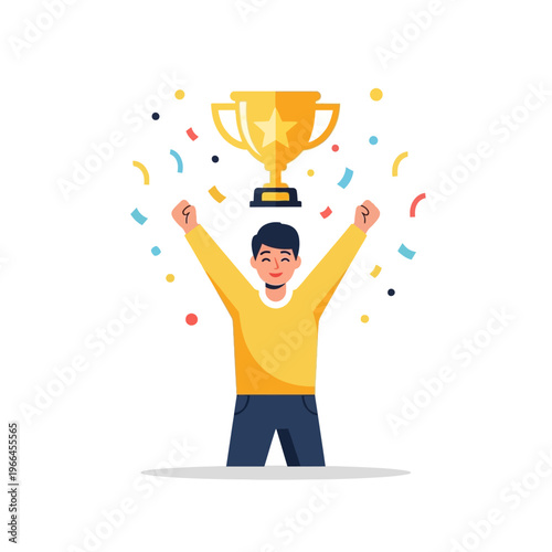 Man celebrating victory with trophy and confetti, winning award, success concept