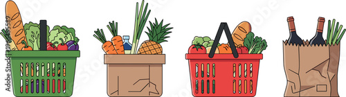 Grocery shopping baskets and paper bags filled with fresh vegetables, fruits and bread, colorful supermarket food collection illustration, healthy organic produce and retail concept
