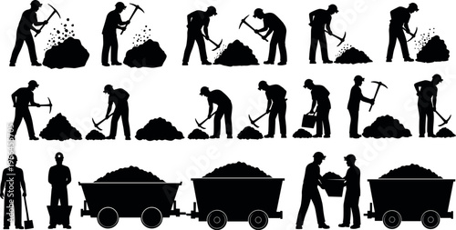 Mining worker silhouettes set with pickaxe digging, coal extraction, manual labor, industrial activity, teamwork tasks, mining equipment, black isolated vector illustration collection