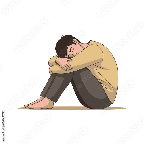 Sad man curled up in fetal position, depression, loneliness, isolation, mental health concept