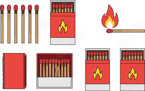 Matchstick and matchbox vector set with burning match flame, safety matches, ignition concept, fire starter elements, red box design, isolated illustration collection