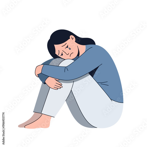 Sad Woman Crying, Holding Knees, Feeling Depressed and Lonely