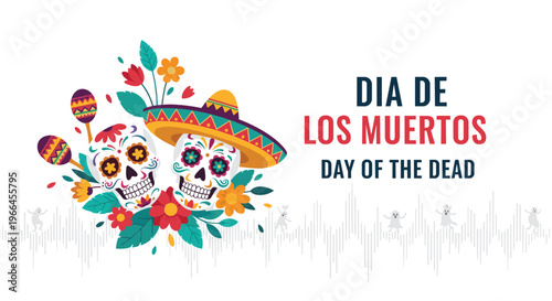 Vibrant Dia de los Muertos greeting card featuring two decorated sugar skulls and colorful flowers for the Day of the Dead.