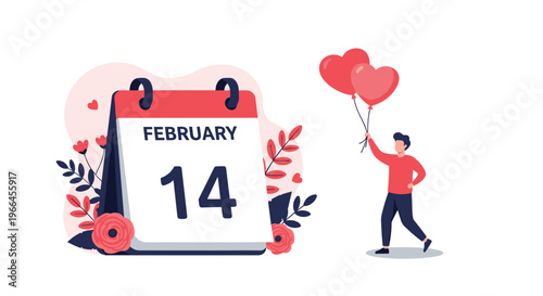 Valentine day calendar set for February fourteenth with a man holding red heart balloons for his dating time celebration.