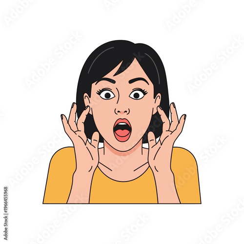 Shocked Woman Face Expression, Surprise Emotion, Open Mouth, Wide Eyes, Hands Near Face