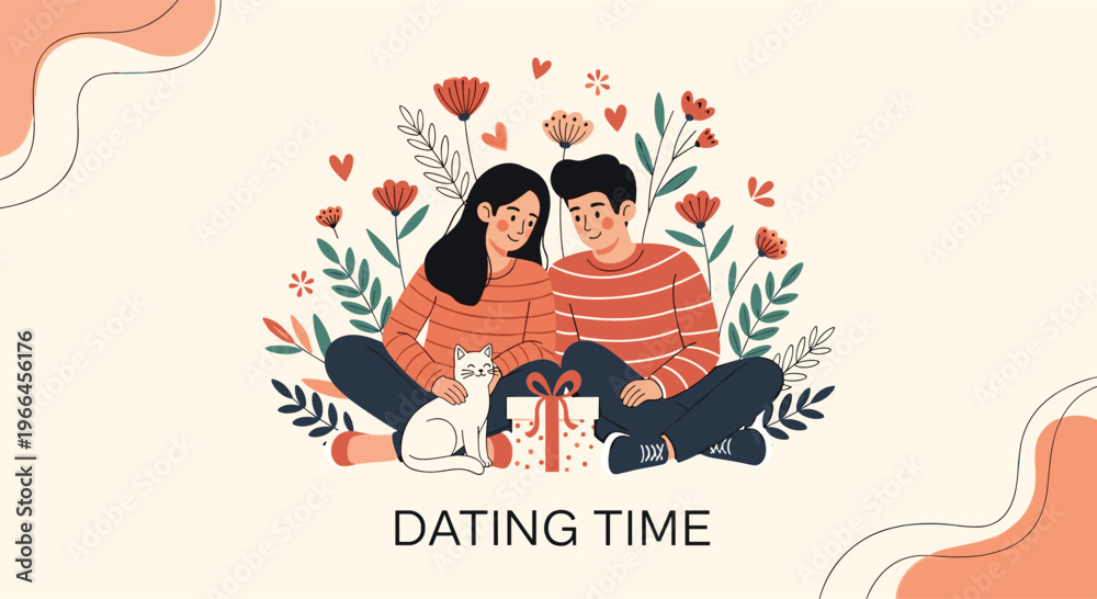Naklejka premium Sweet dating time scene featuring a young couple sitting together on the floor with their cat and a wrapped gift box.