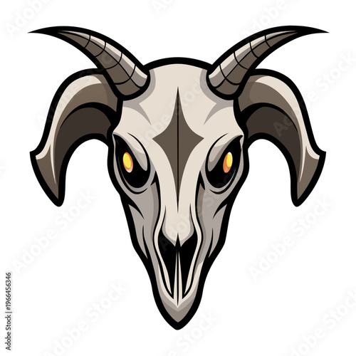 an animal skull, likely from a goat or ram, featuring prominent curved horns with segmented bands, hollow eye sockets with yellow glowing eyes, a central nasal cavity.