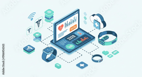 Isometric View of Telemedicine and Wearable Health Technology.
