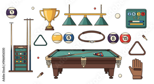 Comprehensive collection of billiards and pool equipment icons including table, cues, balls, trophy, and accessories on white.