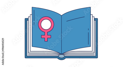 Illustration of an open blue book with a pink female symbol on the left page against a white background.
