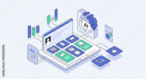 Isometric Illustration of Social Media Automation and AI Integration.