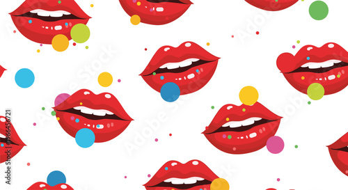 Playful seamless pattern featuring bright red lips and multi colored dots scattered on a white background for trendy designs.
