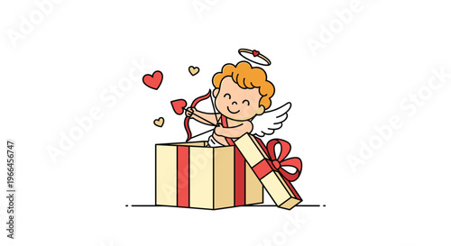 Adorable cupid character holding a bow and arrow popping out of a red ribbon gift box with hearts around him for valentine day.