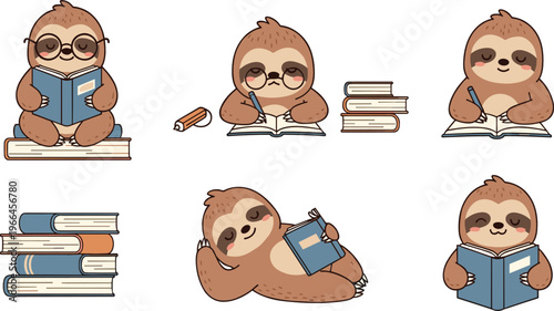 Cute sloth character reading books collection adorable lazy animal cartoon studying relaxing poses vector illustration set