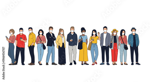 Diverse group of people standing in a line and wearing protective face masks for health and safety on white background.