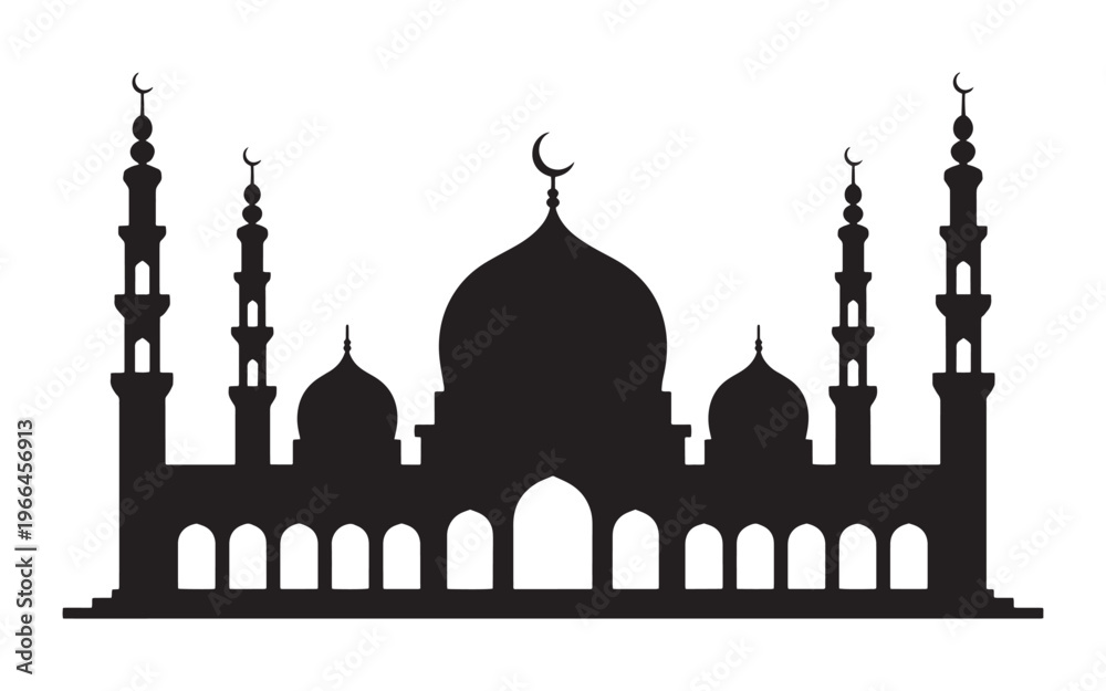 Fototapeta premium Vector silhouette of a majestic mosque with a central dome and surrounding minarets.