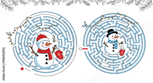 Fun winter maze game for children featuring two different snowmen and circular paths decorated with festive lights.