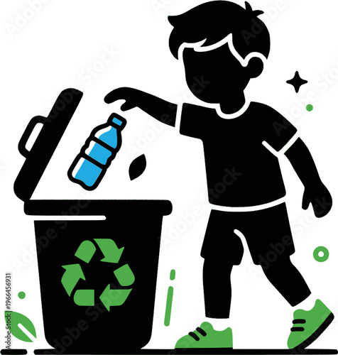 Sorting waste scene. A minimal character placing a bottle into a simple recycle bin, curved motion lines
