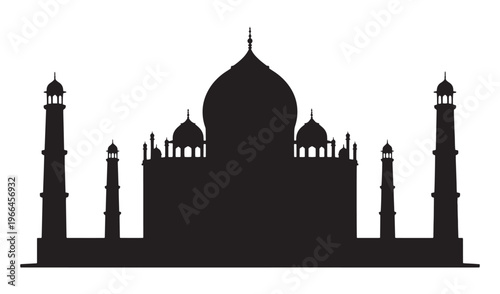 Black silhouette of the Taj Mahal with minarets and domes against a white background.
