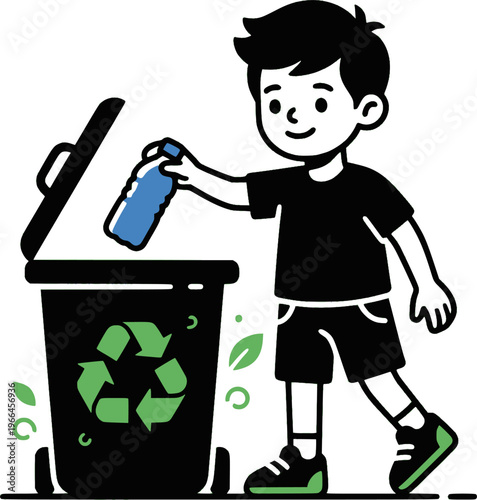Sorting waste scene. A minimal character placing a bottle into a simple recycle bin, curved motion lines
