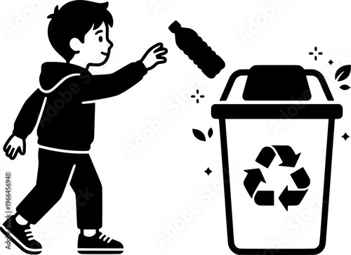 Sorting waste scene. A minimal character placing a bottle into a simple recycle bin, curved motion lines
