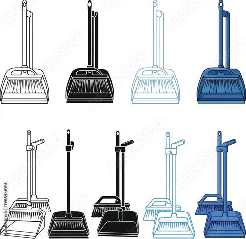 A collection of various dustpan and broom set illustrations displayed in different art styles