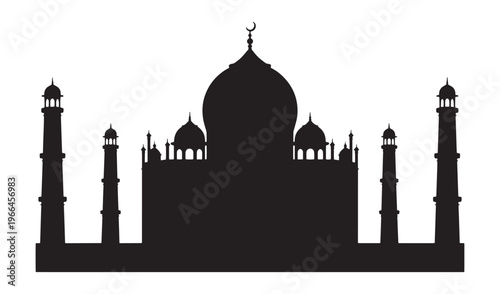 Black silhouette of the Taj Mahal, an iconic Indian monument with domes and minarets.