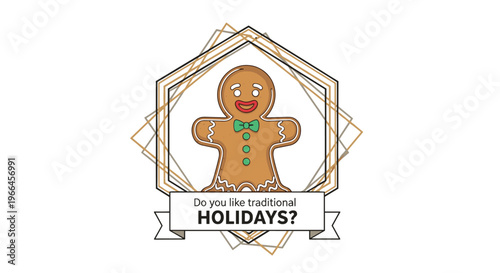 Traditional holiday gingerbread man cookie centered within an elegant geometric gold frame on a white background.