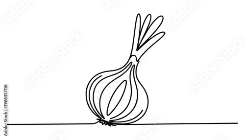 One continuous line illustration of an onion vegetable, isolated on white background.