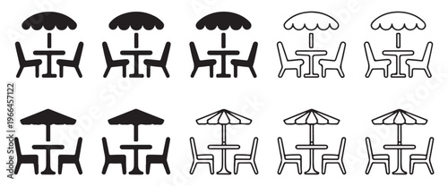 Outdoor cafe table and chairs icons with umbrella set including flat line and solid glyph style illustrations