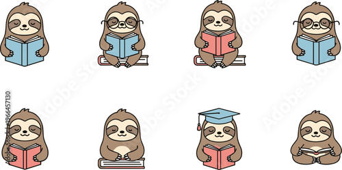 Cute Sloth Reading Book Character Set with Different Poses and Study Elements, Adorable Animal Collection for Education, Learning and Kids Vector Illustration