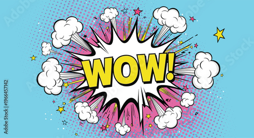 Dynamic comic book style wow speech bubble with explosive effects and stars on a halftone blue background for pop art.