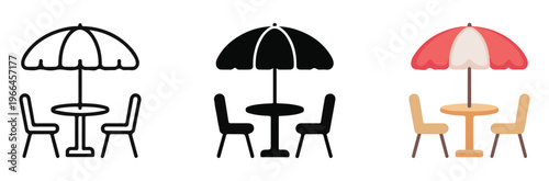 Garden furniture icons featuring patio umbrella with table and chairs in line art and flat color design styles