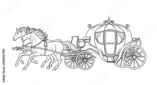 Outline drawing of two majestic horses pulling an elegant vintage carriage with ornate details, isolated white background.