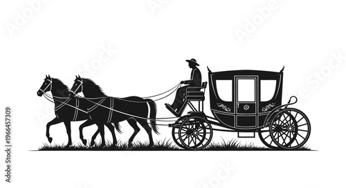 Elegant Vintage Horse-Drawn Carriage Silhouette Isolated on White Background
