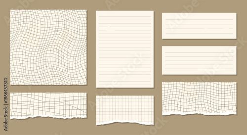 Collection of various paper scraps, torn edges, and textures including lined, squared, and patterned paper on brown.