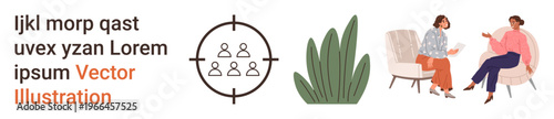 Marketing strategy, audience segmentation, counseling, conversation, communication, and nature. Crosshair with group icon, two women talking and a plant. Marketing strategy and counseling
