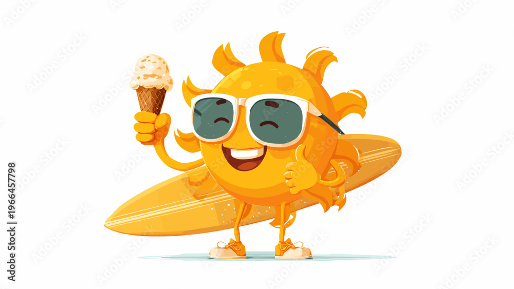 Naklejka premium A cute cartoon vector mascot of a summer sun character holding an ice cream and wearing sunglasses stands with a surfboard.