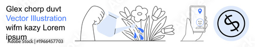 Digital tools, horticulture, sustainability, financial technology, smart devices, location tracking. A hand watering flowers, a mobile device map currency symbol. Horticulture and financial
