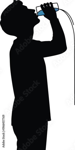 Man silhouette drinking water from a glass bottle