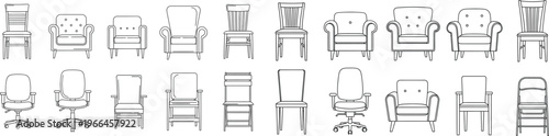 A collection of various chair designs displayed in a clean simple black and white line drawing
