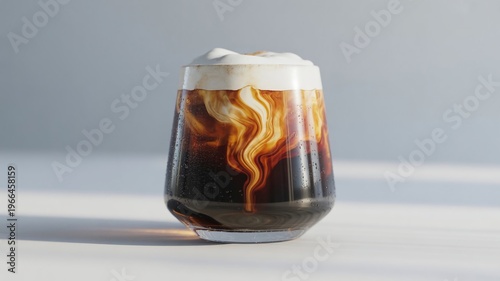 Creamy Foam Iced Coffee in Clear Glass with Copy Space