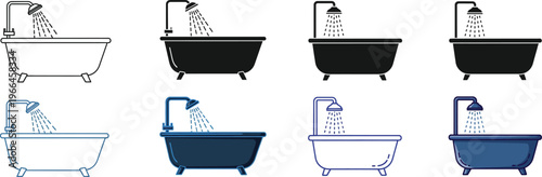 A collection of eight diverse bathtub icons featuring various styles and colors for design projects