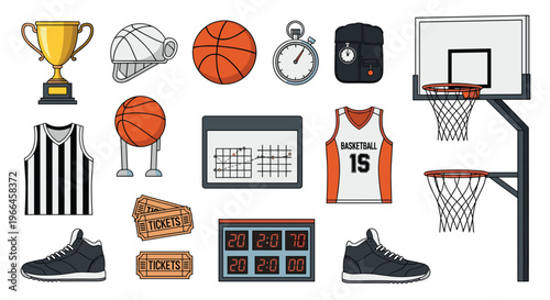 Large set of basketball related objects including balls hoops jerseys sports shoes a trophy whistle and strategy board for coach.