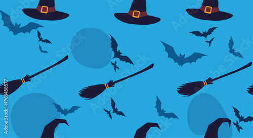 Spooky halloween seamless pattern with witches hats flying bats and broomsticks over a blue background with full moon shapes.
