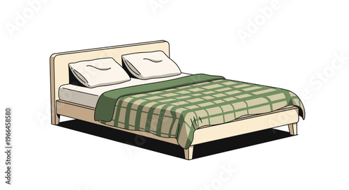 Simple modern double bed with a green plaid blanket and two white pillows isolated on a white background with soft shadow.