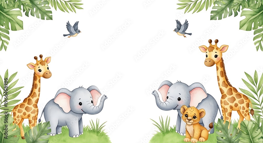 Naklejka premium Watercolor style safari animals with leafy borders and space for text on white