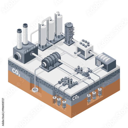 Illustration of a carbon capture and storage facility, showing industrial processes and underground geological storage of CO2.