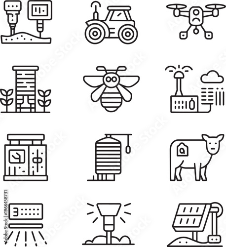 This collection features various modern smart farming and agricultural technology line icons for precision agriculture and sustainable food production design.