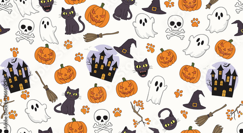 Fun halloween seamless pattern with pumpkins black cats ghosts haunted castles and spooky accessories on white background.